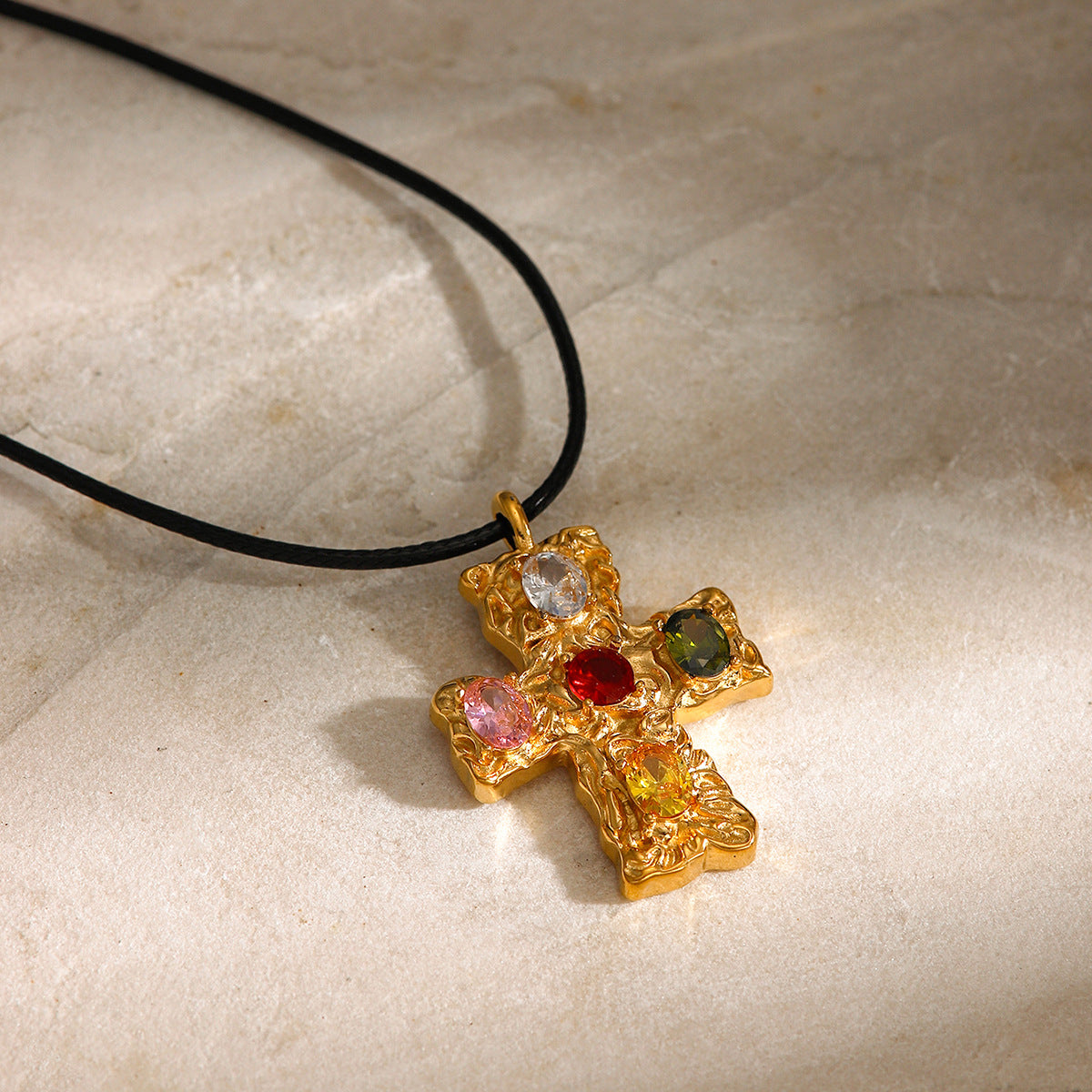 Ins Internet Celebrity Same Style 18K Gold Stainless Steel + Wax Cord + Colorful Zircon/Hammered Cross Zircon Necklace