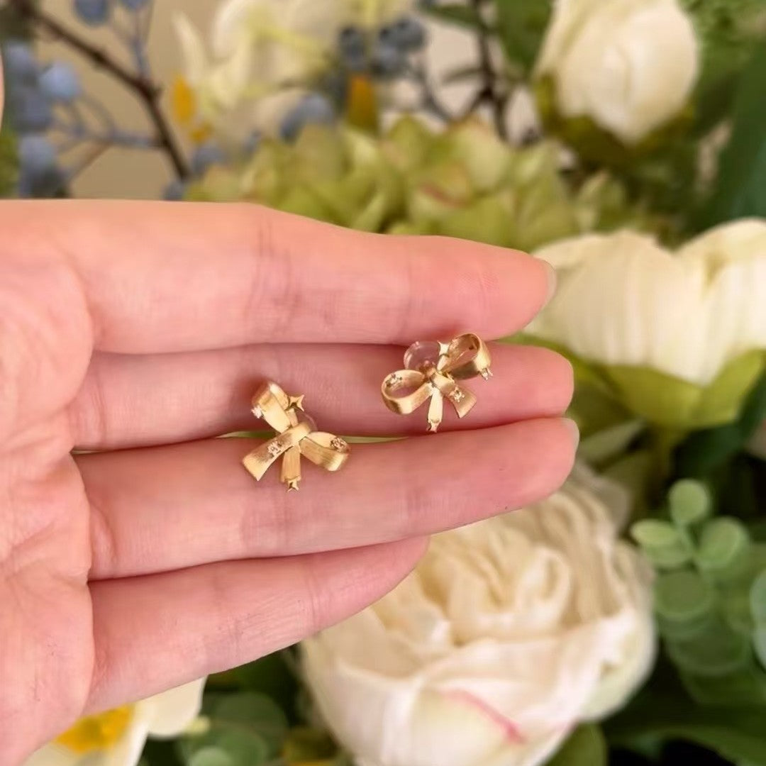 Italian Vintage Craftsmanship Light Luxury High-End Feel 925 Sterling Silver Bowknot Brushed Earrings