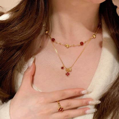 Sterling Silver S925 French Retro Laser Cat's Eye Red Agate Necklace Bracelet Set Fashion Light Luxury Layered Collarbone Chain