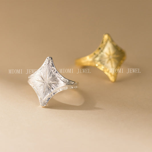 S925 Sterling Silver Vintage Light Luxury Brushed Four-Pointed Star Ring Open Design Sense Hand Jewelry for Women