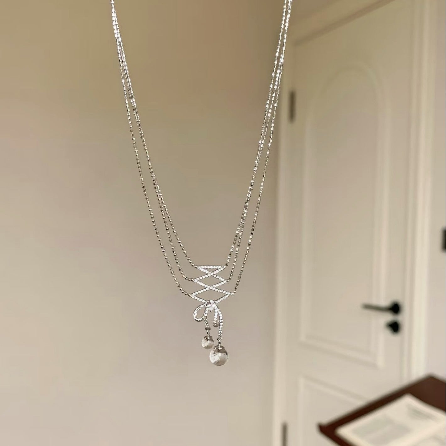 Pure Silver S925 Ballet Lace Natural Double A Necklace White Crystal Sweater Chain Fashion Light Luxury High-end Ins Style
