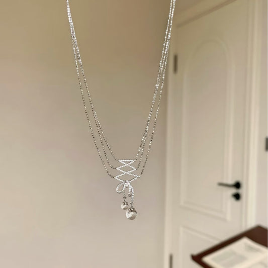 Pure Silver S925 Ballet Lace Natural Double A Necklace White Crystal Sweater Chain Fashion Light Luxury High-end Ins Style