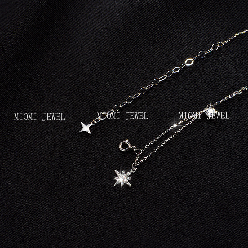 S925 Sterling Silver Sparkling Diamond Hexagram Necklace for Women Minimalist Double Layer Tassel Collarbone Chain