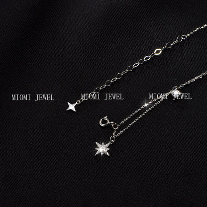 S925 Sterling Silver Sparkling Diamond Hexagram Necklace for Women Minimalist Double Layer Tassel Collarbone Chain