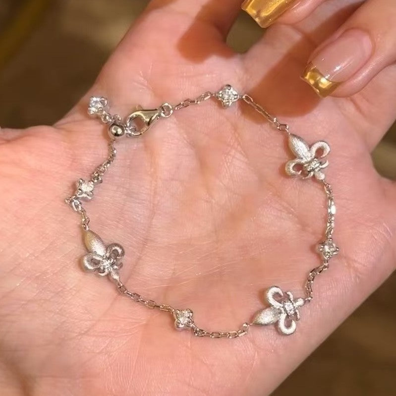 Italian Vintage Brushed Light Luxury High-End 925 Sterling Silver Iris Flower Brushed Reversible Push-Pull Bracelet