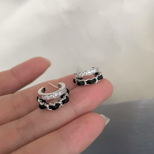Black Gold Braided Earrings Double Layer Micro Inlaid 925 Silver Needle Earrings Fashion OL Temperament Earrings Niche High-end Feel