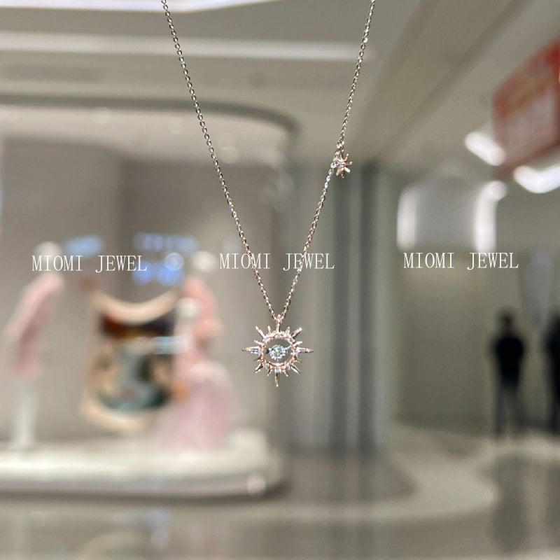 S925 Sterling Silver Niche Design Retro Artistic Heartbeat Sun Pendant Necklace Inlaid with Zircon High-end Clavicle Chain
