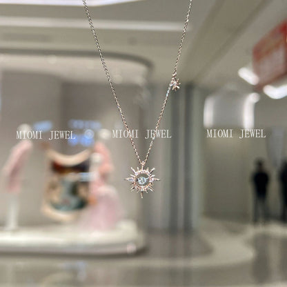 S925 Sterling Silver Niche Design Retro Artistic Heartbeat Sun Pendant Necklace Inlaid with Zircon High-end Clavicle Chain