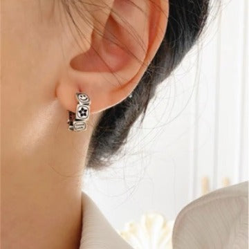Korean Version S925 Sterling Silver Smiley Lucky Earrings Studs Vintage Retro Ins Niche Earrings Personality Fashion