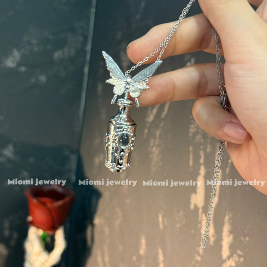 magical Necklace Butterfly Magic Potion Bottle Necklace whimsical silver witchy