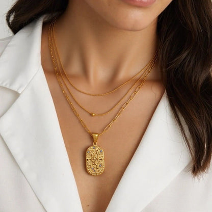18K Gold Plated Zircon Embossed Ancient Method Pendant Zodiac Titanium Steel Necklace