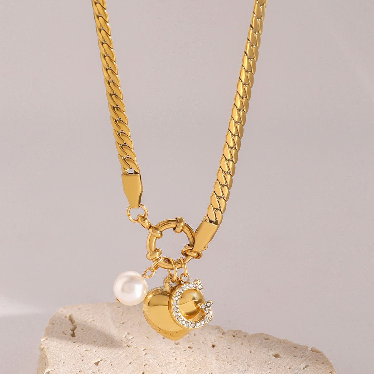 Stainless Steel Pearl Heart Pendant Necklace Zircon Letter Collarbone Chain High-End Jewelry