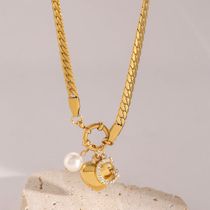 Stainless Steel Pearl Heart Pendant Necklace Zircon Letter Collarbone Chain High-End Jewelry