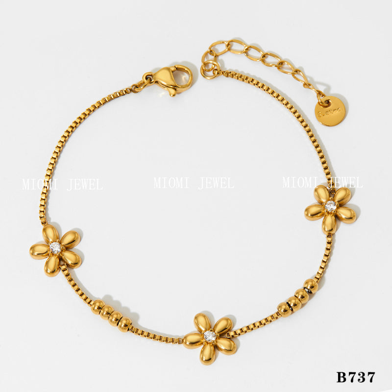 New Sweet Floral Round Bead Bracelet Stainless Steel Vacuum Plating Color Retention Exquisite Versatile Gentle Style Jewelry