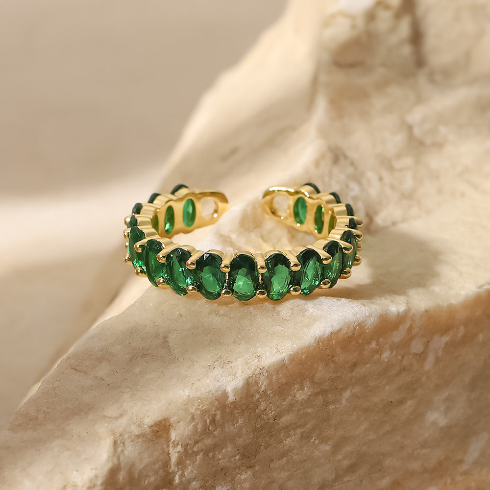 INS Style Internet Celebrity Jewelry 18K Gold Stainless Steel Inlaid Green Zircon Ring Women's Fashion Versatile Ring