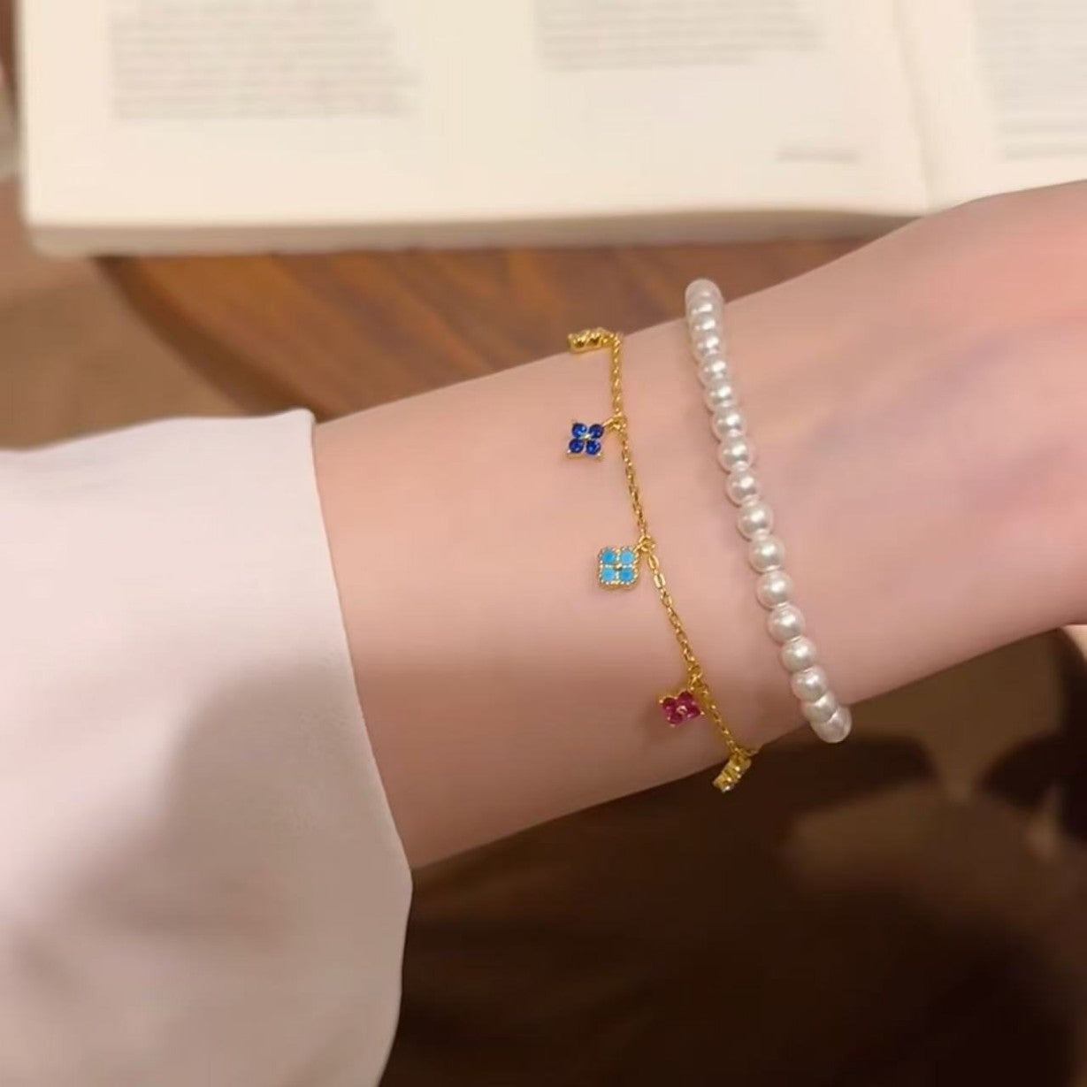 Pure Silver S925 Dopamine Four-Leaf Clover Bracelet Necklace Light Luxury High-End Niche Fashion Simple Versatile