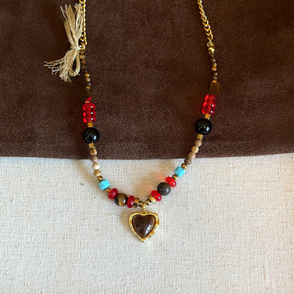 natural Tiger Eye Stone Heart Beaded Necklace Vintage Autumn Winter Elegant Simple Collarbone Chain