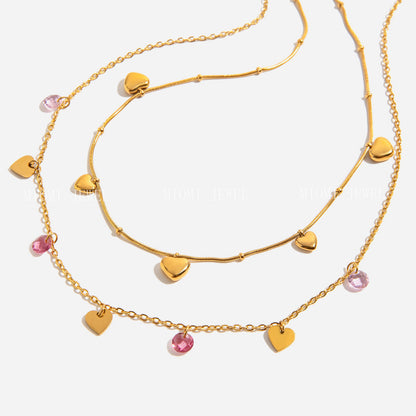 Stainless Steel 18k Gold Colorful Heart Pendant Necklace Layered Simple High-end Collarbone Chain