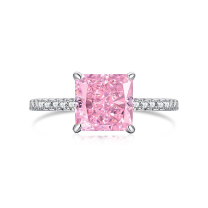 925 Sterling Silver Women's INS Heart Pink Ring Pink Diamond Sugar Cube Super Sparkling High Carbon Diamond Ring Wedding Ring