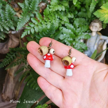 Handmade Vintage Forest-Style Fresh Minimalist Vacation Earrings - Jungle Glass Small Mushroom, Cute Lolita Dried Fruit Earrings