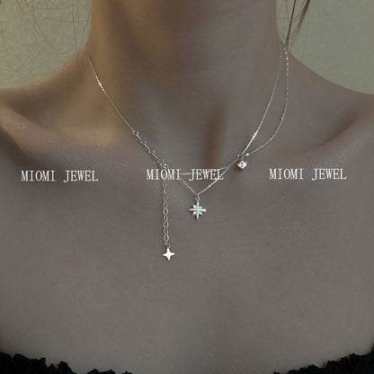 S925 Sterling Silver Sparkling Diamond Hexagram Necklace for Women Minimalist Double Layer Tassel Collarbone Chain