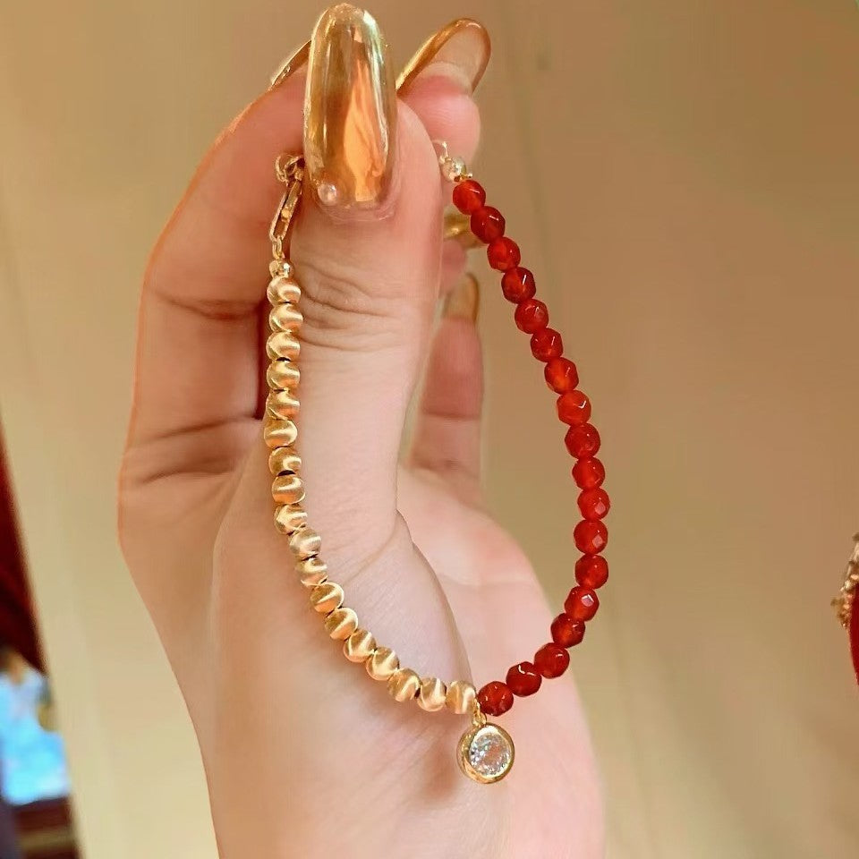 Pure Silver S925 Lucky Cat's Eye Bracelet Natural Red Agate Cat's Eye Bracelet New Year Red