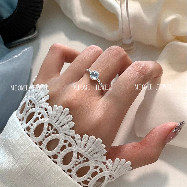S925 Sterling Silver Natural Aquamarine Ring for Women Braided Round Ring