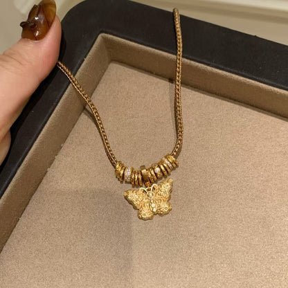 Pure Silver S925 Ancient Gold Butterfly Coiled Brown Rope Necklace Retro New Chinese Style Light Luxury Exquisite Handmade Braided Necklace