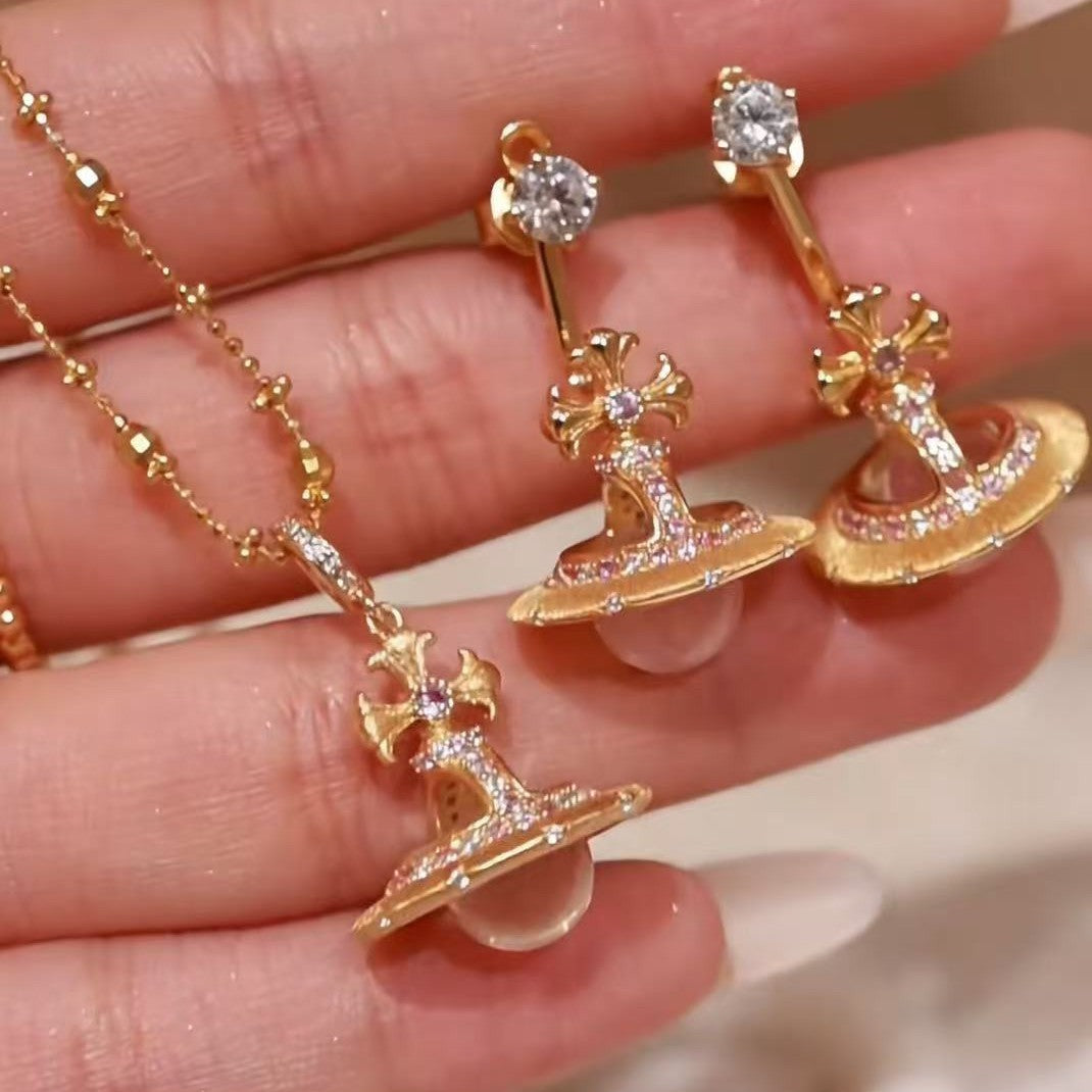 Pure Silver S925 Brushed Craft Natural Pink Quartz Saturn Necklace Earrings Fairy Chain Set Light Luxury Exquisite High-end Feel