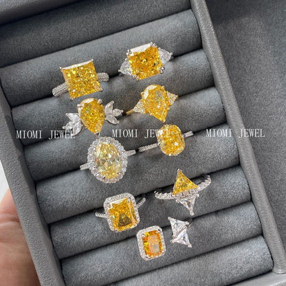 Cross-Border Hot S925 Sterling Silver Yellow Diamond Ring Female Noble Super Flash Ice Flower Cut High Carbon Diamond 8A Zircon Ring