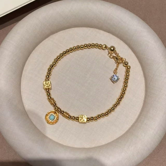 Pure Silver S925 Blue Turquoise Coiled Bracelet Simple Niche Style Fashionable Versatile Jewelry Beads