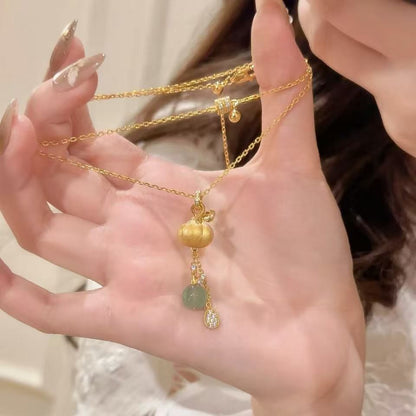 Pure Silver S925 Brushed Craft Pumpkin Necklace Niche Light Luxury Jade Round Bead Brushed Gourd Necklace for Women Ins Super Fairy