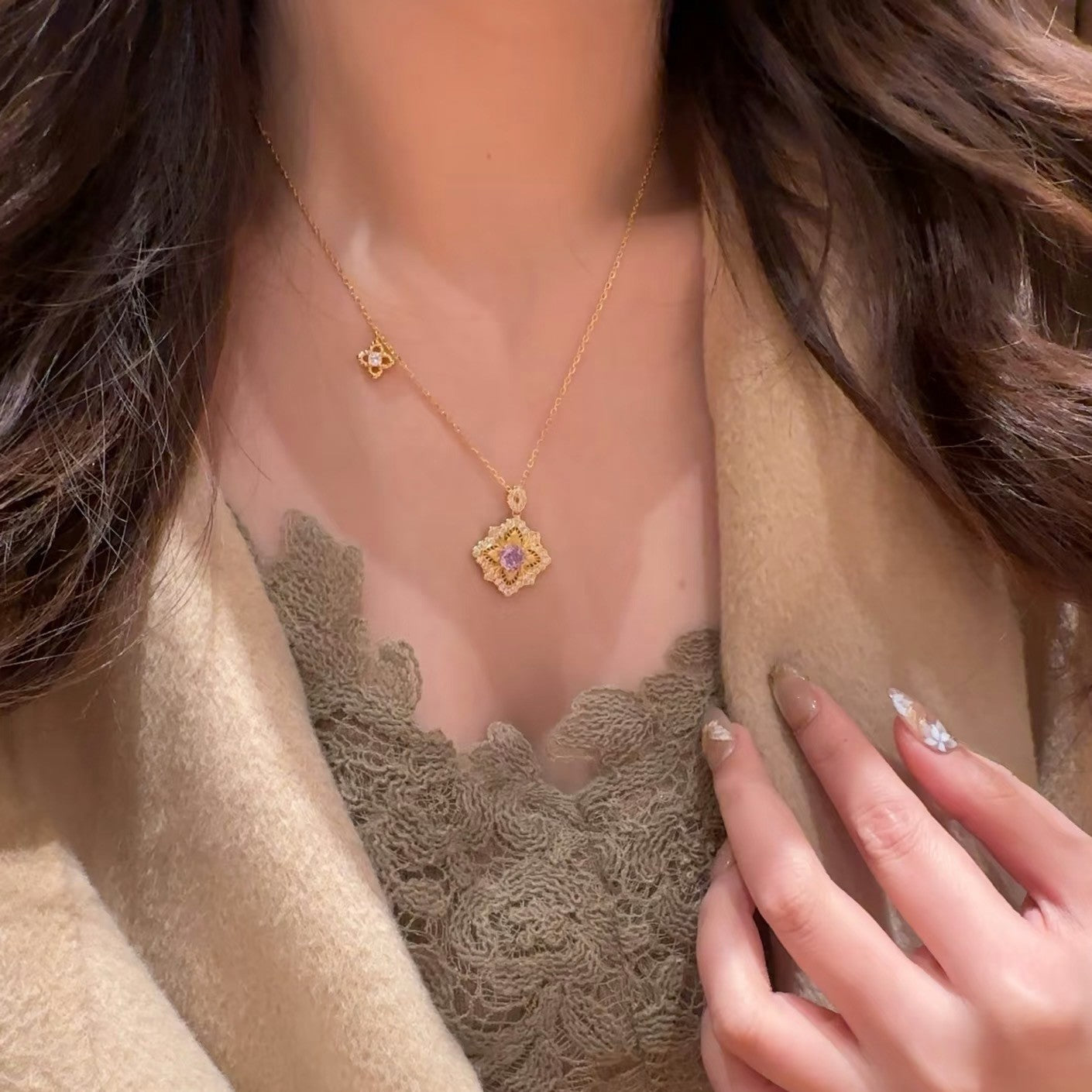 Pure Silver S925 Buchi Style Four-Leaf Clover Brushed Craft Purple Rose Cut High Carbon Diamond Necklace Light Luxury Retro