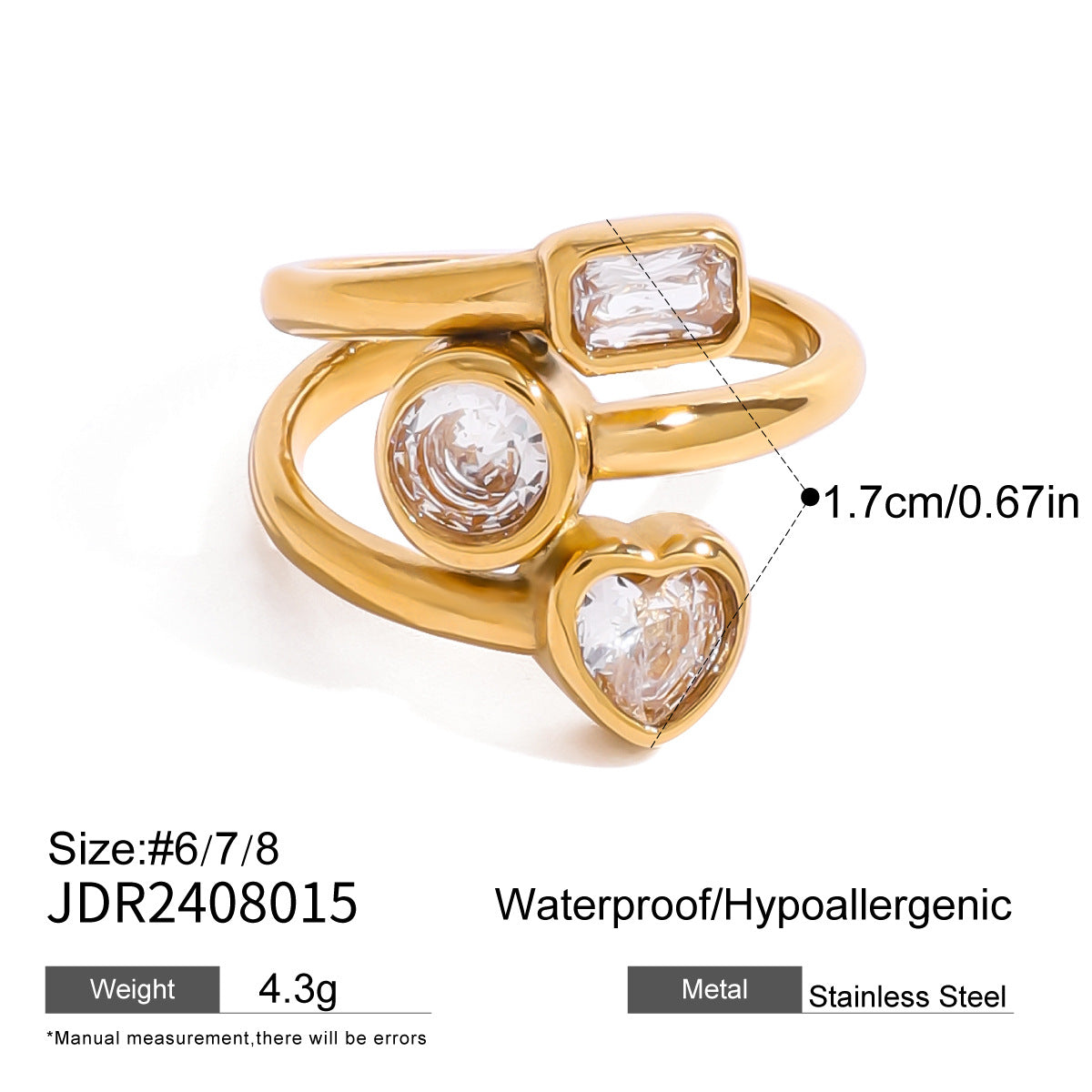 Stainless Steel Heart Zircon Ring High-End Exaggerated Ring Titanium Steel Jewelry Rings