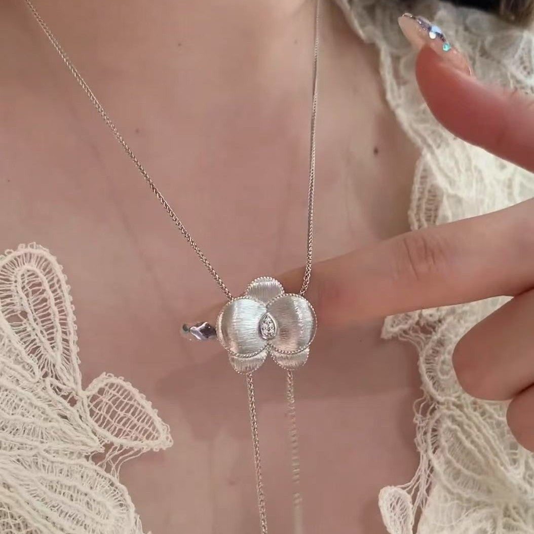 Sterling Silver S925Brushed Craft Butterfly Orchid Necklace Sweater Chain High-End Light Luxury Niche Design Exquisite Collarbone Chain