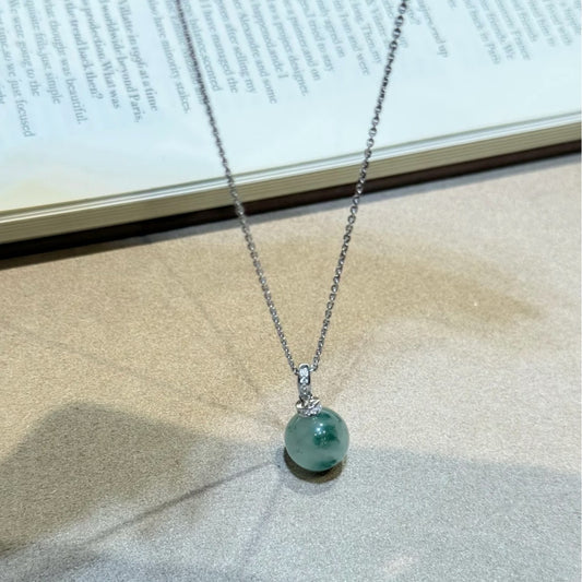 Pure Silver S925 Natural African Emerald Necklace Dragon Jade Round Bead Pendant Collarbone Chain High-end Niche Exquisite Light Luxury