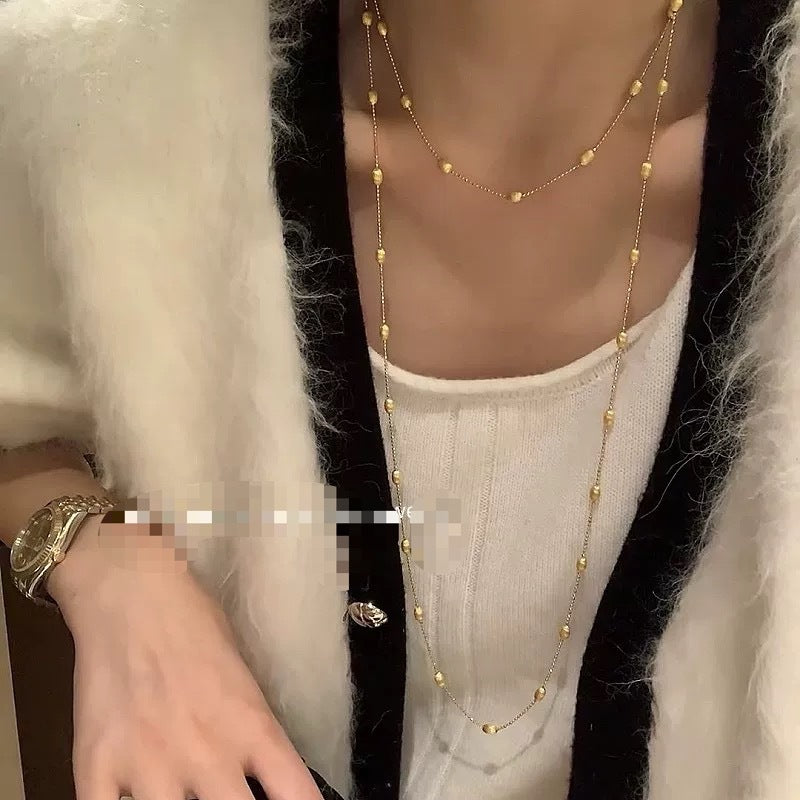 Sterling Silver S925Autumn and Winter New Italian Light Luxury Brushed Olive Bead Necklace Long Chain Simple Retro Silver Bead Chain