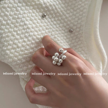 S925 pure silver multi-grape cluster small round bead ring, women's silver bead open finger ring, Korean style, shakeable index finger ring
