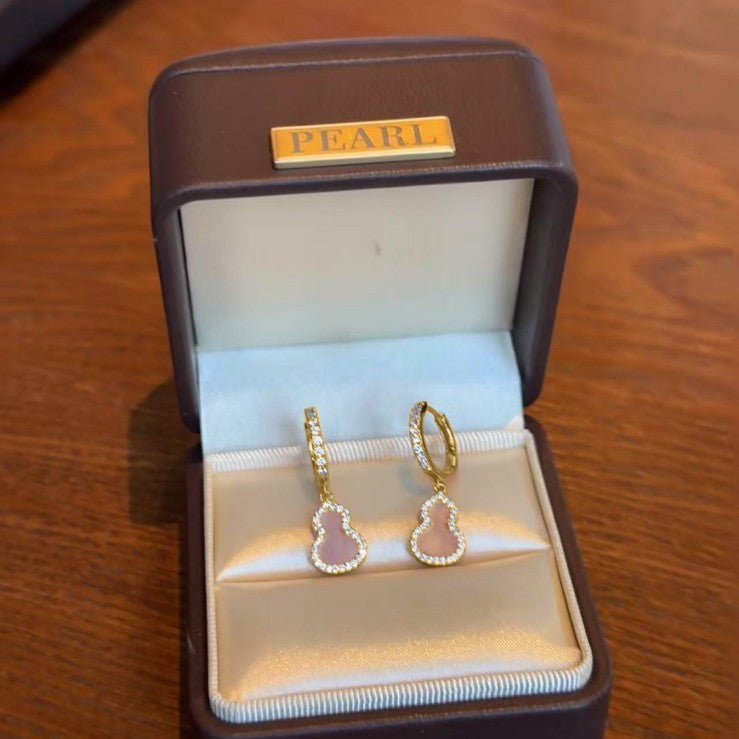 Pure Silver S925 Chinese Style Natural Pink Shell Gourd Earrings Elegant Light Luxury Versatile Design Sense Niche High-end Earrings