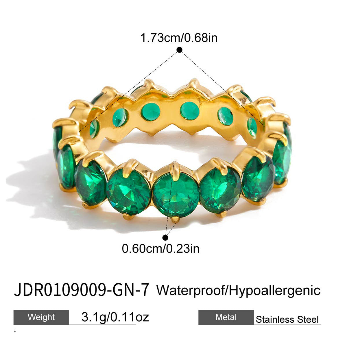 INS Style Internet Celebrity Jewelry 18K Gold Stainless Steel Inlaid Green Zircon Ring Women's Fashion Versatile Ring