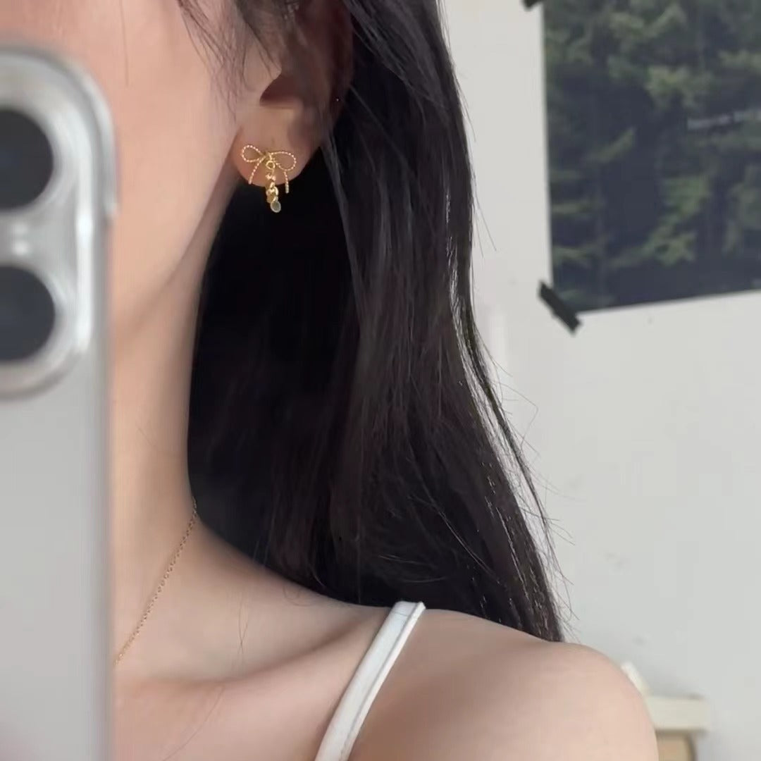Pure Silver S925 Sweet Cute Bowknot Braided Gold Piece Earrings Versatile Elegant Stud Earrings Niche