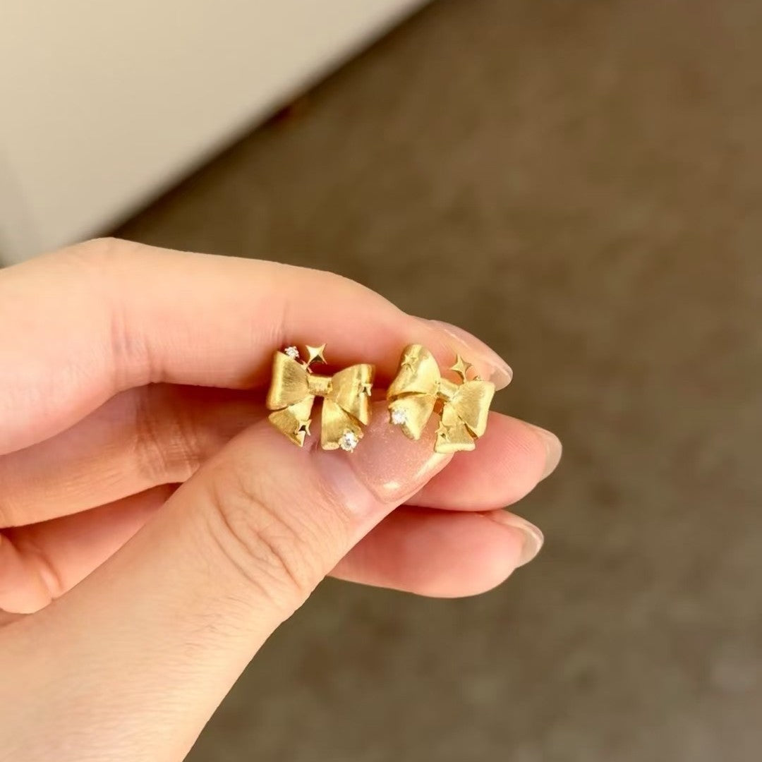 Italian Vintage Brushed Craft Light Luxury High-end Feel 925 Sterling Silver Runaway Princess Bow Brushed Earrings