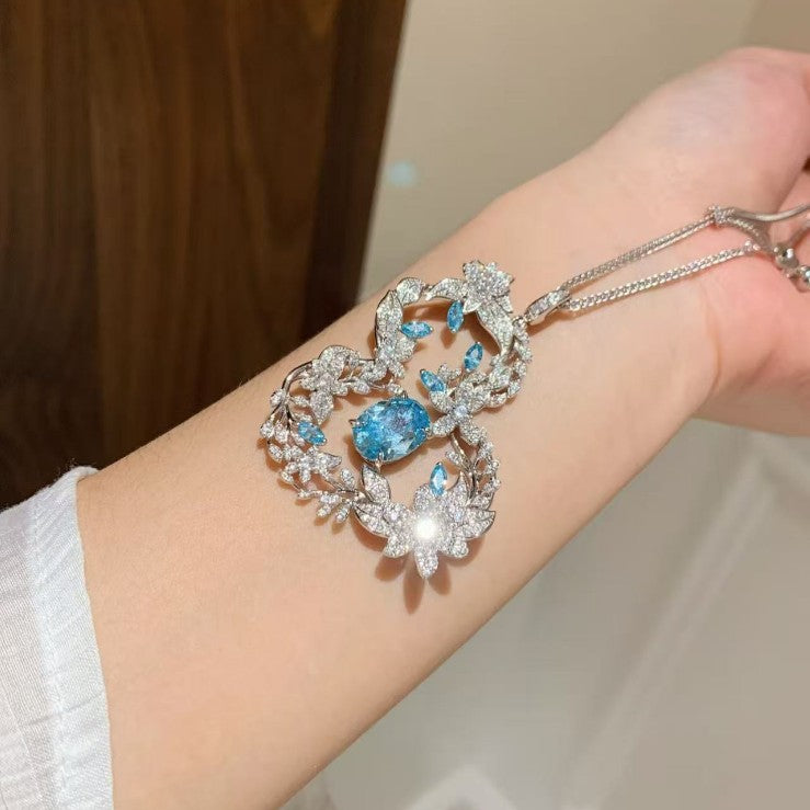 Pure Silver S925 High-End Luxury High Carbon Diamond Aquamarine Zircon Gourd Necklace Cool Vintage Temperament Collarbone Chain