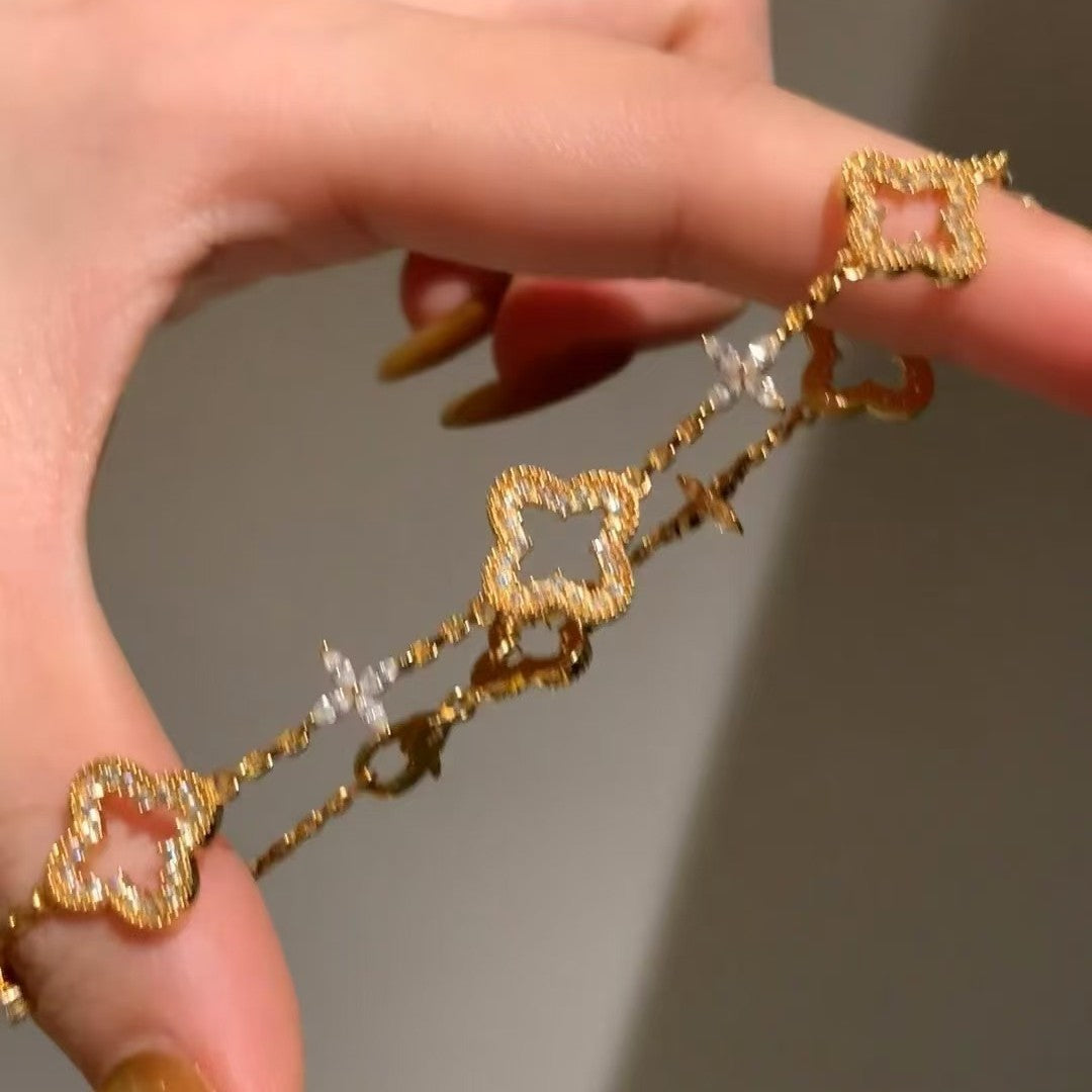 S925 Sterling Silver Hollow Four-Leaf Clover Cross Zircon Bracelet Starry Sky Flower Inlaid Diamond Niche Fashion Versatile