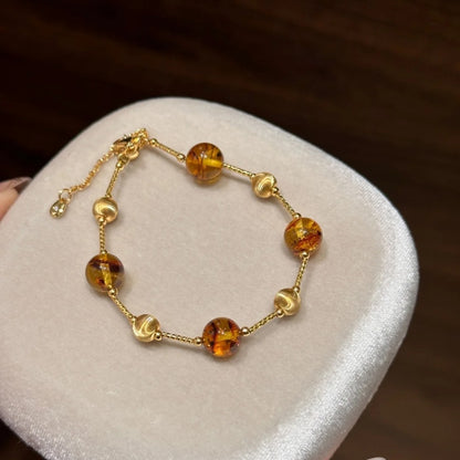 Pure Silver S925 Natural Amber Cat's Eye Laser Bead Bracelet Melad Style Elegant High-end Temperament Jewelry