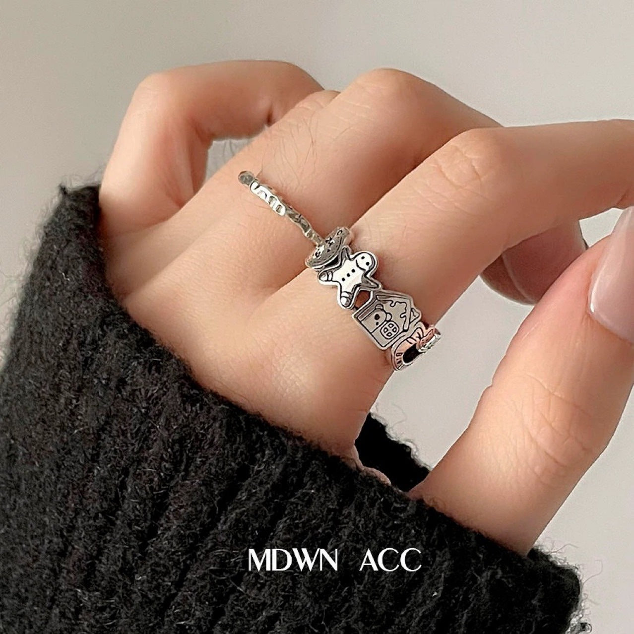 Korean Version Pure Silver S925 Ring for Women Gingerbread Man Cartoon Pattern Ins Style Minimalist Adjustable Open Ring