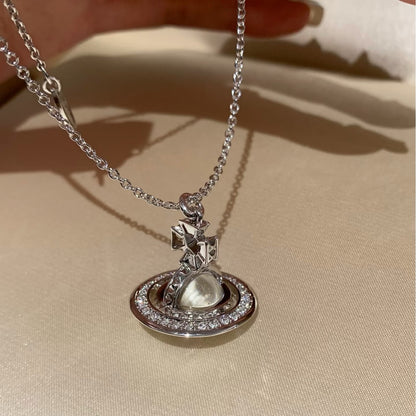 Sterling Silver S925 Double A White Crystal Saturn Sparkling Diamond Necklace High-End Sensibility Smart Niche Exquisite Light Luxury Clavicle Chain