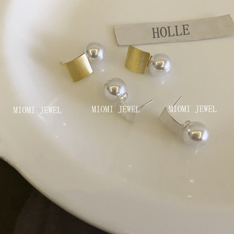 Geometric Square Pearl Stud Earrings for Women 925 Silver French Retro Niche Brushed Ear Jewelry