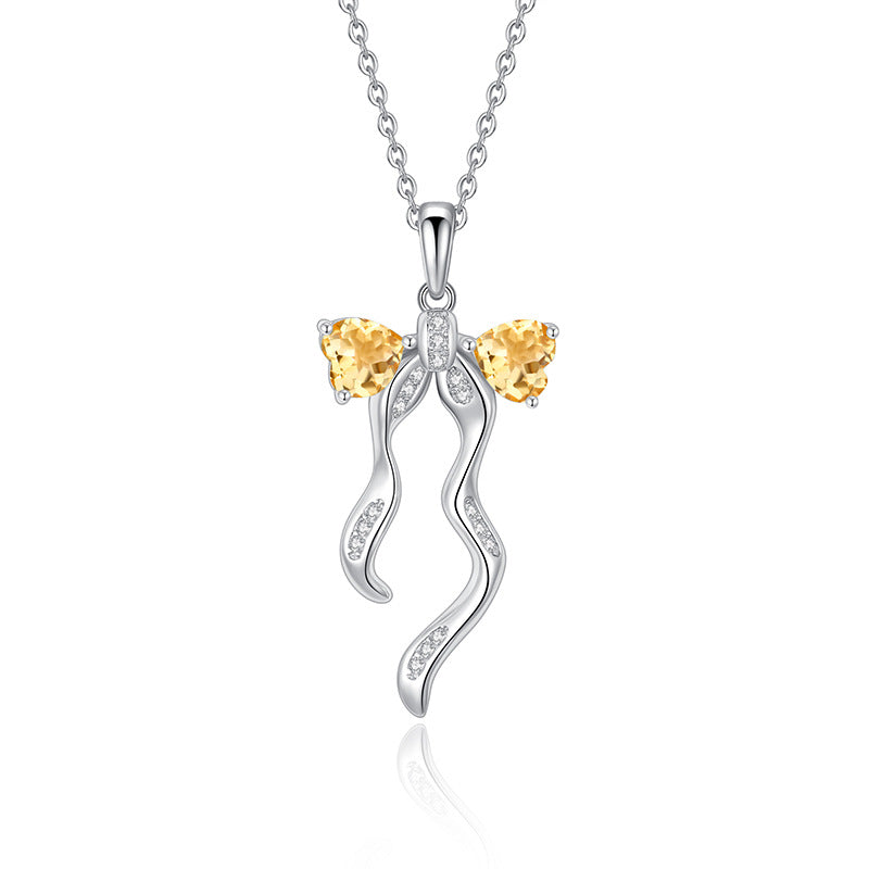 S925 Sterling Silver Ribbon Bow Necklace for Women Korean Style Natural Crystal Stone Niche Topaz Pendant for Women