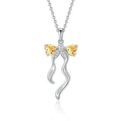 S925 Sterling Silver Ribbon Bow Necklace for Women Korean Style Natural Crystal Stone Niche Topaz Pendant for Women